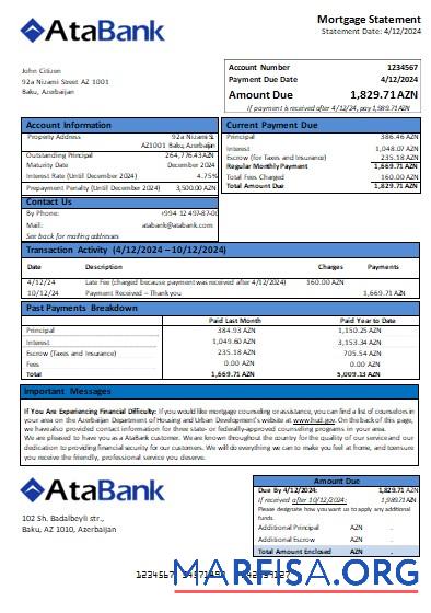 Printable Azerbaijan Atabank bank mortgage statement scr download for verification